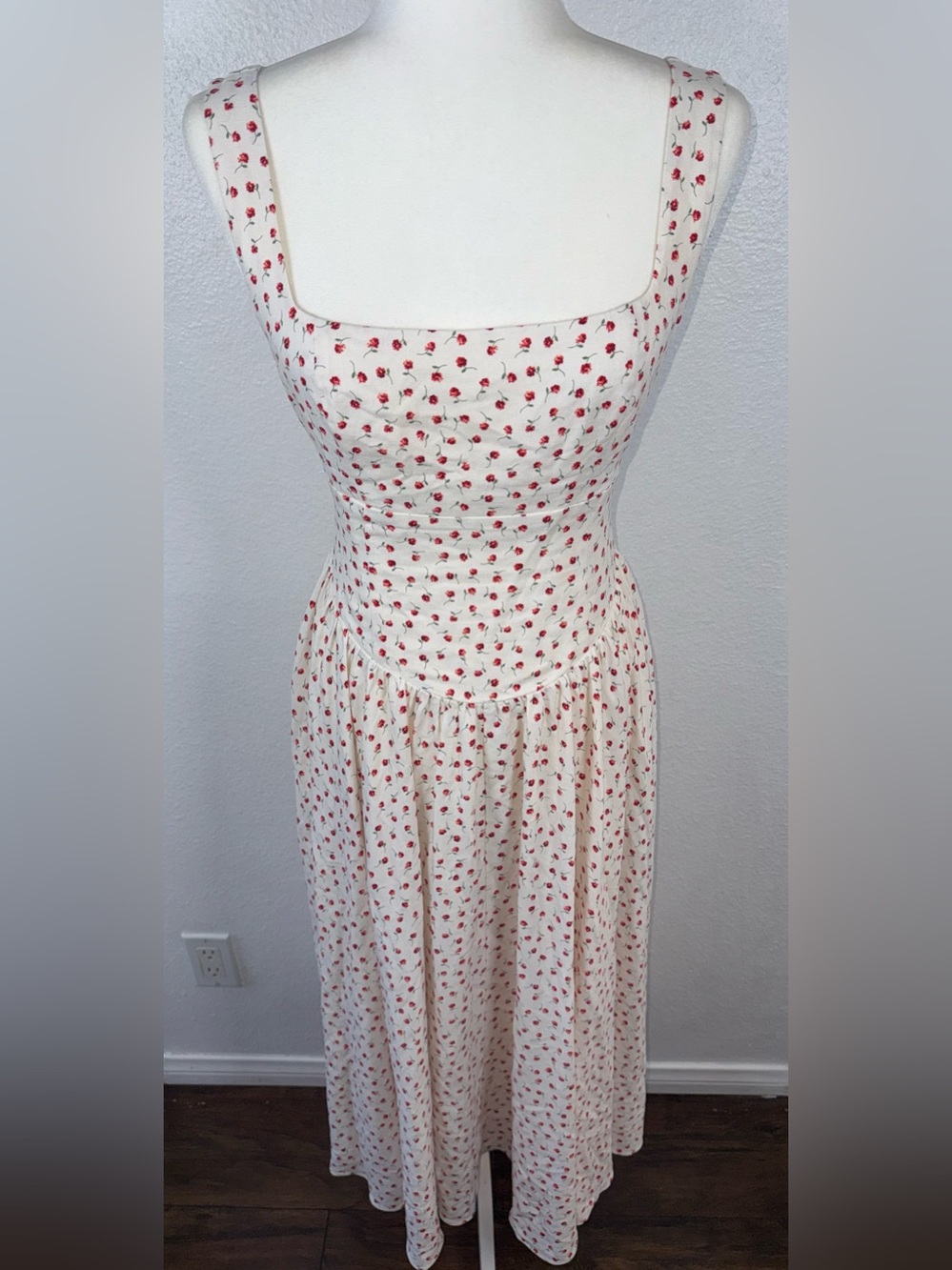 Caroline Constas Delora Red Ditsy Floral Open Back Midi Dress - Cream